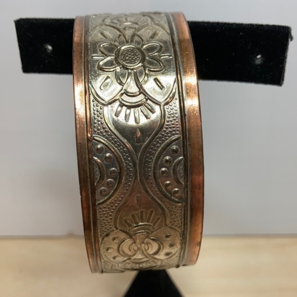 Two tone embossed metal bangle cuff